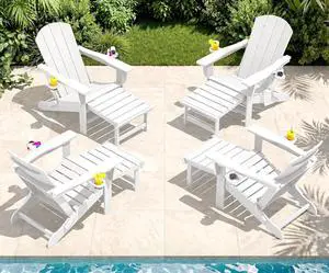 Folding Adjustable Adirondack Chairs with Footrest Set of 4, HDPE Outdoor Chair with Dual Cup Holders, All Weather Adirondack Chair with Ottoman, White Folding Adjustable Adirondack Chairs with Footrest Set of 4, HDPE Outdoor Chair with Dual Cup Holders, All Weather Adirondack Chair with Ottoman, White