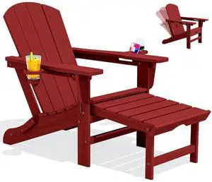Folding Adjustable Adirondack Chair with Footrest, HDPE Outdoor Chair with Dual Cup Holders, All Weather Adirondack Chair with Ottoman, Red Folding Adjustable Adirondack Chair with Footrest, HDPE Outdoor Chair with Dual Cup Holders, All Weather Adirondack Chair with Ottoman, Red