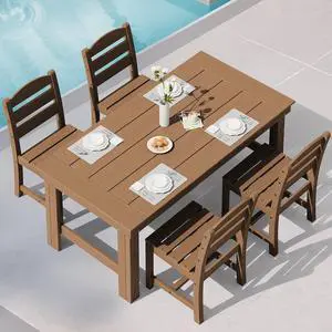 Outdoor Dining Table Set, 67 HDPE Patio Dining Set for 4, All-Weather Outdoor Table and Armless Chairs Set for Deck, Brown Outdoor Dining Table Set, 67 HDPE Patio Dining Set for 4, All-Weather Outdoor Table and Armless Chairs Set for Deck, Brown