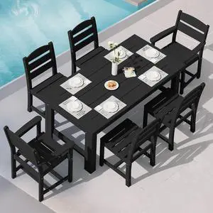 Outdoor Dining Table Set, 67 HDPE Patio Dining Set for 6, Wood-Like All-Weather Outdoor Table and Armless Chairs Set for Lawn, Black Outdoor Dining Table Set, 67 HDPE Patio Dining Set for 6, Wood-Like All-Weather Outdoor Table and Armless Chairs Set for Lawn, Black