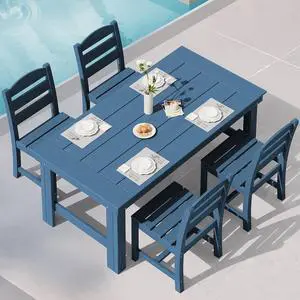 Outdoor Dining Table Set, 67 HDPE Patio Dining Set for 4, All-Weather Outdoor Table and Armless Chairs Set for Deck, Blue Outdoor Dining Table Set, 67 HDPE Patio Dining Set for 4, All-Weather Outdoor Table and Armless Chairs Set for Deck, Blue
