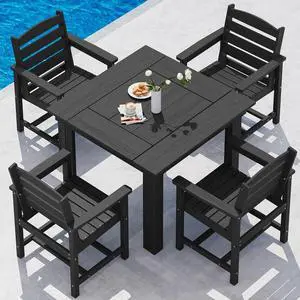 HDPE Dining Set for 4, Outdoor Square Table and Chairs Set All Weather Patio Dining Set with 4 Classic Dining Chairs, 5-Piece Patio Dining Furniture for Deck, Black HDPE Dining Set for 4, Outdoor Square Table and Chairs Set All Weather Patio Dining Set with 4 Classic Dining Chairs, 5-Piece Patio Dining Furniture for Deck, Black