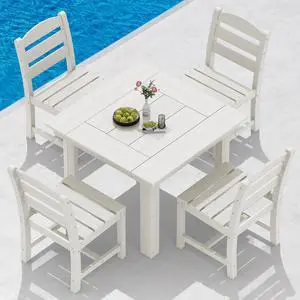 Outdoor Dining Set for 4, HDPE Square Table and Chairs Set All Weather Patio Dining Set with 4 Armless Chairs for Patio, White Outdoor Dining Set for 4, HDPE Square Table and Chairs Set All Weather Patio Dining Set with 4 Armless Chairs for Patio, White