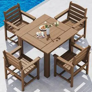 Outdoor Dining Set for 4, HDPE Square Table and Chairs Set All Weather Patio Dining Set with 4 Classic Dining Chairs, 5-Piece Patio Dining Furniture for Deck, Brown Outdoor Dining Set for 4, HDPE Square Table and Chairs Set All Weather Patio Dining Set with 4 Classic Dining Chairs, 5-Piece Patio Dining Furniture for Deck, Brown