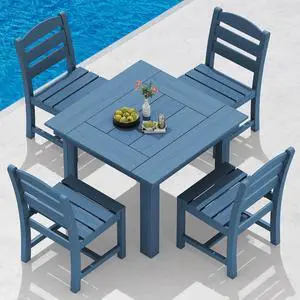 HDPE Dining Set for 4, Outdoor Square Table and Chairs Set All Weather Patio Dining Set with 4 Armless Chairs for Patio, Blue HDPE Dining Set for 4, Outdoor Square Table and Chairs Set All Weather Patio Dining Set with 4 Armless Chairs for Patio, Blue