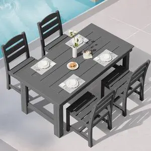 Outdoor Dining Table Set, 67 HDPE Patio Dining Set for 4, All-Weather Outdoor Table and Armless Chairs Set for Deck, Grey Outdoor Dining Table Set, 67 HDPE Patio Dining Set for 4, All-Weather Outdoor Table and Armless Chairs Set for Deck, Grey