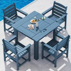 Outdoor Dining Set for 4, HDPE Square Table and Chairs Set All Weather Patio Dining Set, 5-Piece Patio Dining Furniture for Deck, Blue Outdoor Dining Set for 4, HDPE Square Table and Chairs Set All Weather Patio Dining Set, 5-Piece Patio Dining Furniture for Deck, Blue