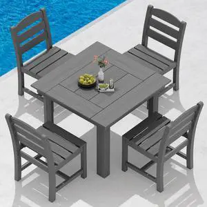 Outdoor Dining Set for 4, HDPE Square Table and Chairs Set All Weather Patio Dining Set with 4 Armless Chairs for Patio, Gray Outdoor Dining Set for 4, HDPE Square Table and Chairs Set All Weather Patio Dining Set with 4 Armless Chairs for Patio, Gray
