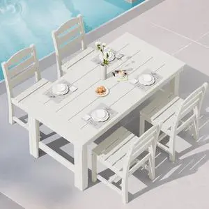 Outdoor Dining Table Set, 67 HDPE Patio Dining Set for 4, All-Weather Outdoor Table and Armless Chairs Set for Deck, White Outdoor Dining Table Set, 67 HDPE Patio Dining Set for 4, All-Weather Outdoor Table and Armless Chairs Set for Deck, White