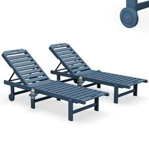 Patio Chaise Lounge Set of 2, All-Weather HDPE Pool Lounge Chairs with 5-Position Adjustable Backrest, Rolling Wheels & Cup Holder for Poolside, Blue Patio Chaise Lounge Set of 2, All-Weather HDPE Pool Lounge Chairs with 5-Position Adjustable Backrest, Rolling Wheels & Cup Holder for Poolside, Blue