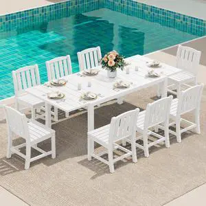 9-Piece Outdoor Dining Set, 60" - 83" Expandable Outdoor Dining Table and 8 HDPE Chairs, All Weather HDPE Outdoor Furniture Set for Backyard, Garden, White 9-Piece Outdoor Dining Set, 60" - 83" Expandable Outdoor Dining Table and 8 HDPE Chairs, All Weather HDPE Outdoor Furniture Set for Backyard, Garden, White