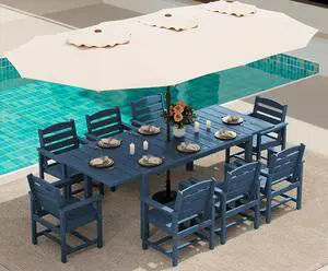10-Piece Patio Dining Sets with 15FT Patio Umbrella, 60" - 83" Expandable Outdoor Dining Table and 8 HDPE Chairs, All Weather HDPE Outdoor Furniture Set (Umbreall Base not Included) 10-Piece Patio Dining Sets with 15FT Patio Umbrella, 60" - 83" Expandable Outdoor Dining Table and 8 HDPE Chairs, All Weather HDPE Outdoor Furniture Set (Umbreall Base not Included)