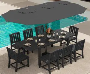 10-Piece Patio Dining Sets with 15FT Patio Umbrella, 60" - 83" Expandable Outdoor Dining Table and 8 HDPE Chairs, Aluminum Frame Table with HDPE Tabletop, Black (Umbreall Base not Included) 10-Piece Patio Dining Sets with 15FT Patio Umbrella, 60" - 83" Expandable Outdoor Dining Table and 8 HDPE Chairs, Aluminum Frame Table with HDPE Tabletop, Black (Umbreall Base not Included)
