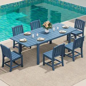 7-Piece Outdoor Dining Set, 60" - 83" Expandable Outdoor Dining Table and 6 HDPE Chairs, All Weather HDPE Outdoor Furniture Set for Backyard, Garden, Blue 7-Piece Outdoor Dining Set, 60" - 83" Expandable Outdoor Dining Table and 6 HDPE Chairs, All Weather HDPE Outdoor Furniture Set for Backyard, Garden, Blue