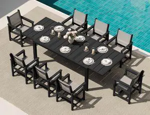 9-Piece Outdoor Dining Set, 60" - 83" Expandable Patio Dining Table with 8 Breathable Textilene Chairs, All Weather HDPE Patio Furniture Set, Black 9-Piece Outdoor Dining Set, 60" - 83" Expandable Patio Dining Table with 8 Breathable Textilene Chairs, All Weather HDPE Patio Furniture Set, Black