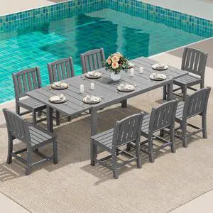 9-Piece Outdoor Dining Set, 60" - 83" Expandable Outdoor Dining Table and 8 HDPE Chairs, All Weather HDPE Outdoor Furniture Set for Backyard, Garden, Grey 9-Piece Outdoor Dining Set, 60" - 83" Expandable Outdoor Dining Table and 8 HDPE Chairs, All Weather HDPE Outdoor Furniture Set for Backyard, Garden, Grey