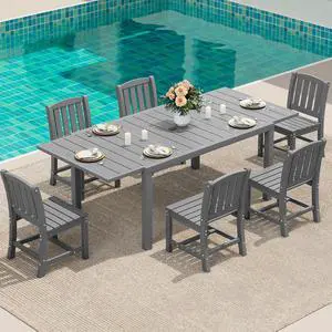 7-Piece Outdoor Dining Set, 60" - 83" Expandable Outdoor Dining Table and 6 HDPE Chairs, All Weather HDPE Outdoor Furniture Set for Backyard, Garden, Grey 7-Piece Outdoor Dining Set, 60" - 83" Expandable Outdoor Dining Table and 6 HDPE Chairs, All Weather HDPE Outdoor Furniture Set for Backyard, Garden, Grey