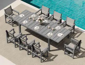 9-Piece Outdoor Dining Set, 60" - 83" Expandable Patio Dining Table with 8 Breathable Textilene Chairs, All Weather HDPE Patio Furniture Set, Grey 9-Piece Outdoor Dining Set, 60" - 83" Expandable Patio Dining Table with 8 Breathable Textilene Chairs, All Weather HDPE Patio Furniture Set, Grey