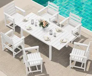 7-Piece Patio Dining Sets, 60" - 83" Expandable Outdoor Dining Table and 6 HDPE Chairs, All Weather HDPE Outdoor Furniture Set for Backyard, Garden, White 7-Piece Patio Dining Sets, 60" - 83" Expandable Outdoor Dining Table and 6 HDPE Chairs, All Weather HDPE Outdoor Furniture Set for Backyard, Garden, White