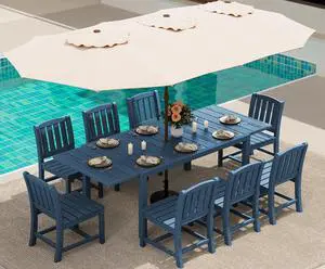 10-Piece Patio Dining Sets with 15FT Patio Umbrella, 60" - 83" Expandable Outdoor Dining Table and 8 HDPE Chairs, All Weather HDPE Outdoor Furniture Set (Umbreall Base not Included) 10-Piece Patio Dining Sets with 15FT Patio Umbrella, 60" - 83" Expandable Outdoor Dining Table and 8 HDPE Chairs, All Weather HDPE Outdoor Furniture Set (Umbreall Base not Included)