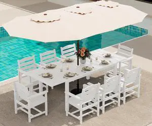 10-Piece Patio Dining Sets with 15FT Patio Umbrella, 60" - 83" Expandable Outdoor Dining Table and 8 HDPE Chairs, All Weather HDPE Outdoor Furniture Set (Umbreall Base not Included) 10-Piece Patio Dining Sets with 15FT Patio Umbrella, 60" - 83" Expandable Outdoor Dining Table and 8 HDPE Chairs, All Weather HDPE Outdoor Furniture Set (Umbreall Base not Included)