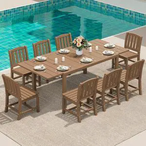 9-Piece Outdoor Dining Set, 60" - 83" Expandable Outdoor Dining Table and 8 HDPE Chairs, All Weather HDPE Outdoor Furniture Set for Backyard, Garden, Brown 9-Piece Outdoor Dining Set, 60" - 83" Expandable Outdoor Dining Table and 8 HDPE Chairs, All Weather HDPE Outdoor Furniture Set for Backyard, Garden, Brown