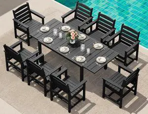 9-Piece Outdoor Dining Set, 60" - 83" Expandable Outdoor Dining Table and 8 HDPE Chairs, All Weather Outdoor Furniture Set, Black 9-Piece Outdoor Dining Set, 60" - 83" Expandable Outdoor Dining Table and 8 HDPE Chairs, All Weather Outdoor Furniture Set, Black