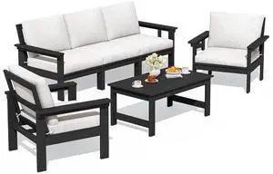 HDPE Patio Conversation Set, 6-piece Sectional Outdoor Furniture Set, All Weather Outdoor Couch Set Patio Furniture Set for Deck, Lawn, Black Frame with Khaki Cushion HDPE Patio Conversation Set, 6-piece Sectional Outdoor Furniture Set, All Weather Outdoor Couch Set Patio Furniture Set for Deck, Lawn, Black Frame with Khaki Cushion