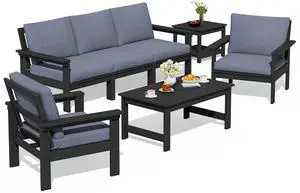 HDPE Patio Furniture Set, 7-piece Outdoor Sectional Sofa Set, All Weather Outdoor Couch Set for Deck, Lawn, Black Frame with Grey Cushion HDPE Patio Furniture Set, 7-piece Outdoor Sectional Sofa Set, All Weather Outdoor Couch Set for Deck, Lawn, Black Frame with Grey Cushion