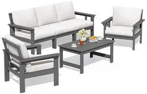 HDPE Patio Conversation Set, 6-piece Sectional Outdoor Furniture Set, All Weather Outdoor Couch Set Patio Furniture Set for Deck, Lawn, Grey Frame with Khaki Cushion HDPE Patio Conversation Set, 6-piece Sectional Outdoor Furniture Set, All Weather Outdoor Couch Set Patio Furniture Set for Deck, Lawn, Grey Frame with Khaki Cushion