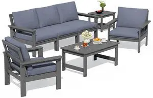 HDPE Patio Furniture Set, 7-piece Outdoor Sectional Sofa Set, All Weather Outdoor Couch Set for Deck, Lawn, Grey Frame with Grey Cushion HDPE Patio Furniture Set, 7-piece Outdoor Sectional Sofa Set, All Weather Outdoor Couch Set for Deck, Lawn, Grey Frame with Grey Cushion
