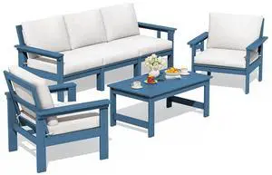 HDPE Patio Conversation Set, 6-piece Sectional Outdoor Furniture Set, All Weather Outdoor Couch Set Patio Furniture Set for Deck, Lawn, Blue Frame with Beige Cushion HDPE Patio Conversation Set, 6-piece Sectional Outdoor Furniture Set, All Weather Outdoor Couch Set Patio Furniture Set for Deck, Lawn, Blue Frame with Beige Cushion