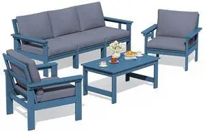 HDPE Patio Conversation Set, 6-piece Sectional Outdoor Furniture Set, All Weather Outdoor Couch Set Patio Furniture Set for Deck, Lawn, Blue Frame with Grey Cushion HDPE Patio Conversation Set, 6-piece Sectional Outdoor Furniture Set, All Weather Outdoor Couch Set Patio Furniture Set for Deck, Lawn, Blue Frame with Grey Cushion