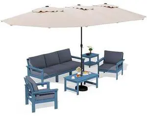 HDPE Patio Furniture Set with 15FT Patio Umbrella, 7-piece Outdoor Sectional Sofa Set, All Weather Patio Couch Set for Deck, Blue & Grey(Umbreall Base not Included) HDPE Patio Furniture Set with 15FT Patio Umbrella, 7-piece Outdoor Sectional Sofa Set, All Weather Patio Couch Set for Deck, Blue & Grey(Umbreall Base not Included)