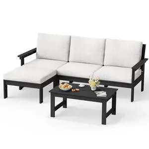 Outdoor Sectional Sofa Set, 5-piece Outdoor Modula Couch Set with Ottoman, All Weather Patio Furniture Set with Chaise for Deck, Lawn, Black Frame with Khaki Cushion Outdoor Sectional Sofa Set, 5-piece Outdoor Modula Couch Set with Ottoman, All Weather Patio Furniture Set with Chaise for Deck, Lawn, Black Frame with Khaki Cushion