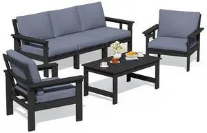 HDPE Patio Conversation Set, 6-piece Sectional Outdoor Furniture Set, All Weather Outdoor Couch Set Patio Furniture Set for Deck, Lawn, Black Frame with Grey Cushion HDPE Patio Conversation Set, 6-piece Sectional Outdoor Furniture Set, All Weather Outdoor Couch Set Patio Furniture Set for Deck, Lawn, Black Frame with Grey Cushion