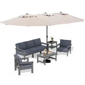 HDPE Patio Furniture Set with 15FT Patio Umbrella, 7-piece Outdoor Sectional Sofa Set, All Weather Patio Couch Set for Deck, Gray &Gray (Umbreall Base not Included) HDPE Patio Furniture Set with 15FT Patio Umbrella, 7-piece Outdoor Sectional Sofa Set, All Weather Patio Couch Set for Deck, Gray &Gray (Umbreall Base not Included)