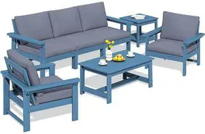 HDPE Patio Furniture Set, 7-piece Outdoor Sectional Sofa Set, All Weather Outdoor Couch Set for Deck, Lawn, Blue Frame with Grey Cushion HDPE Patio Furniture Set, 7-piece Outdoor Sectional Sofa Set, All Weather Outdoor Couch Set for Deck, Lawn, Blue Frame with Grey Cushion