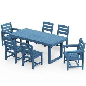 HDPE Outdoor Dining Set for 6, 67'' All Weather Patio Dining Table and Armless Chairs Set for Deck, Lawn, Blue HDPE Outdoor Dining Set for 6, 67'' All Weather Patio Dining Table and Armless Chairs Set for Deck, Lawn, Blue