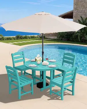 6-Piece Patio Dining Sets, HDPE Outdoor Table and Chairs Furniture Set with Umbrella, 45" Round Dining Table & 4 Armless Dining Chairs & 1 9FT Umbrella, Aruba(Not Include Umbrella Base) 6-Piece Patio Dining Sets, HDPE Outdoor Table and Chairs Furniture Set with Umbrella, 45" Round Dining Table & 4 Armless Dining Chairs & 1 9FT Umbrella, Aruba(Not Include Umbrella Base)
