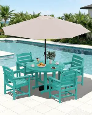 6-Piece Patio Dining Sets, HDPE Outdoor Table and Chairs Furniture Set with Umbrella, 45" Round Dining Table & 4 Dining Chairs & 1 9FT Umbrella, Aruba(Not Include Umbrella Base) 6-Piece Patio Dining Sets, HDPE Outdoor Table and Chairs Furniture Set with Umbrella, 45" Round Dining Table & 4 Dining Chairs & 1 9FT Umbrella, Aruba(Not Include Umbrella Base)