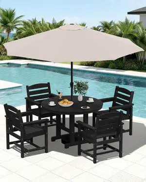 Outdoor Round Dining Sets with Umbrella, HDPE Patio Table and Chairs Furniture Set, 45" Round Dining Table & 4 Dining Chairs & 1 9FT Umbrella, Black(Not Include Umbrella Base) Outdoor Round Dining Sets with Umbrella, HDPE Patio Table and Chairs Furniture Set, 45" Round Dining Table & 4 Dining Chairs & 1 9FT Umbrella, Black(Not Include Umbrella Base)