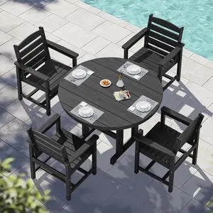 5-Piece Outdoor Round Dining Sets, HDPE Patio Table and Chairs Furniture Set, 45" Round Dining Table and 4 Dining Chairs, Black 5-Piece Outdoor Round Dining Sets, HDPE Patio Table and Chairs Furniture Set, 45" Round Dining Table and 4 Dining Chairs, Black