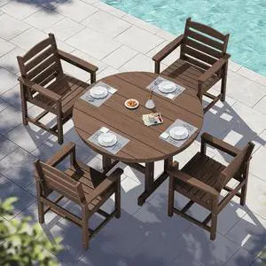 5-Piece Patio Dining Sets, HDPE Outdoor Table and Chairs Furniture Set, 45" Round Dining Table and 4 Dining Chairs, Brown 5-Piece Patio Dining Sets, HDPE Outdoor Table and Chairs Furniture Set, 45" Round Dining Table and 4 Dining Chairs, Brown