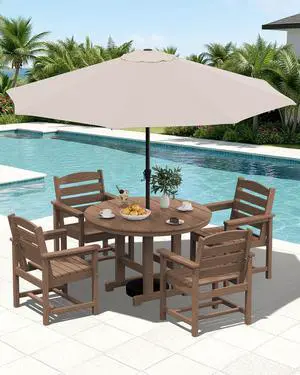 6-Piece Patio Dining Sets, HDPE Outdoor Table and Chairs Furniture Set with Umbrella, 45" Round Dining Table & 4 Dining Chairs & 1 9FT Umbrella, Brown(Not Include Umbrella Base) 6-Piece Patio Dining Sets, HDPE Outdoor Table and Chairs Furniture Set with Umbrella, 45" Round Dining Table & 4 Dining Chairs & 1 9FT Umbrella, Brown(Not Include Umbrella Base)