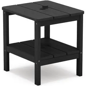 2-Tier HDPE Outdoor Side Table with Umbrella Hole, Weatherproof Rectangular Adirondack Side Table, Black 2-Tier HDPE Outdoor Side Table with Umbrella Hole, Weatherproof Rectangular Adirondack Side Table, Black