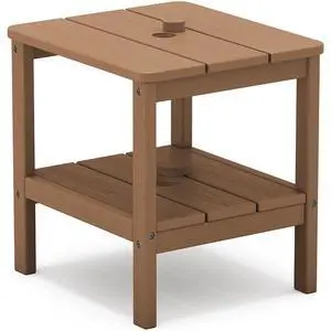 2-Tier HDPE Outdoor Side Table, Weatherproof Rectangular Adirondack Side Table, Brown 2-Tier HDPE Outdoor Side Table, Weatherproof Rectangular Adirondack Side Table, Brown