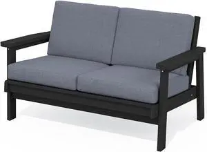 HDPE Outdoor Patio Loveseat, All Weather Wood-Like Outdoor Sofa HDPE Outdoor Furniture, Black Frame and Grey Cushion HDPE Outdoor Patio Loveseat, All Weather Wood-Like Outdoor Sofa HDPE Outdoor Furniture, Black Frame and Grey Cushion