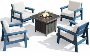 Patio Furniture Set with 33 Fire Pit Table, HDPE Outdoor Sectional Sofa Set with Thickened Cushions, Blue Frame with Khaki Cushions Patio Furniture Set with 33 Fire Pit Table, HDPE Outdoor Sectional Sofa Set with Thickened Cushions, Blue Frame with Khaki Cushions