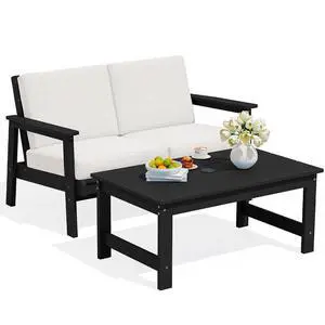 Outdoor Loveseat, Black Frame and Khaki Cushion Outdoor Loveseat, Black Frame and Khaki Cushion